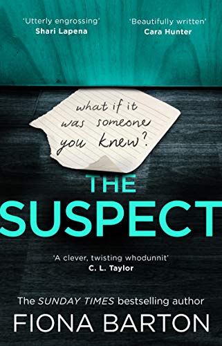 Book cover: “The Suspect” by Fiona Barton, with a handwritten note image.