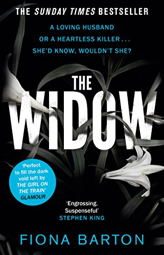 Book cover of "The Widow" by Fiona Barton, featuring white lilies on a black background.