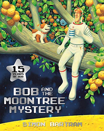 An astronaut and a dog sit on a tree branch filled with orange fruit.