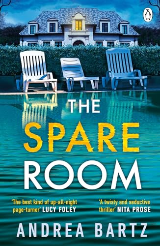 Book cover showing three white lounge chairs by a pool in front of a house.