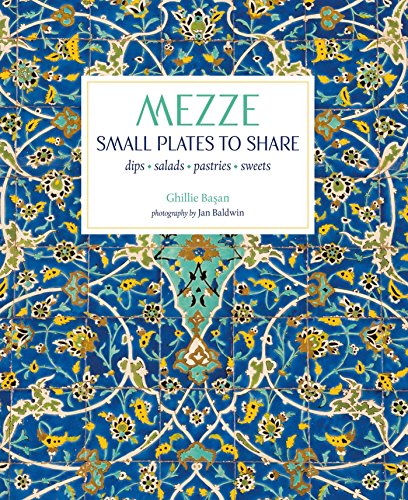 Cookbook cover featuring ornate blue and green tile pattern, title "Mezze.