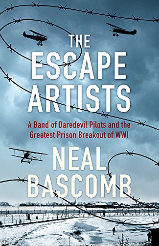 Book cover: biplanes flying over barbed wire, wartime prison camp scene.