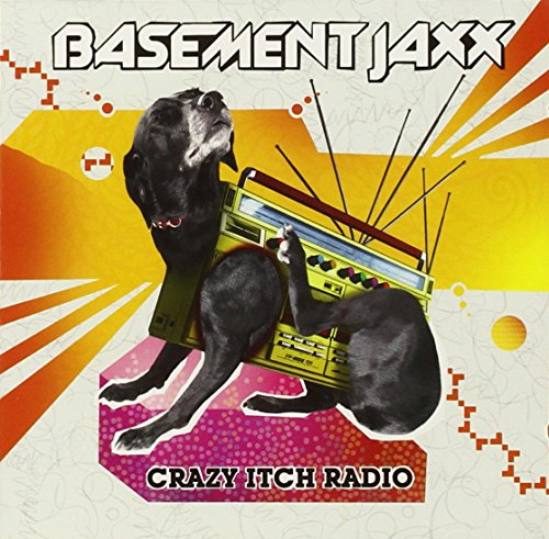 Basement Jaxx CD cover: dog with boombox against a vibrant orange and yellow background.