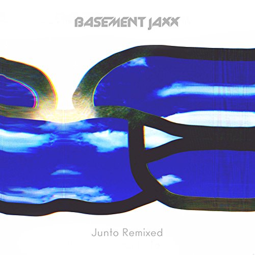 Basement Jaxx Junto Remixed CD cover with abstract blue cloud shapes on white background.