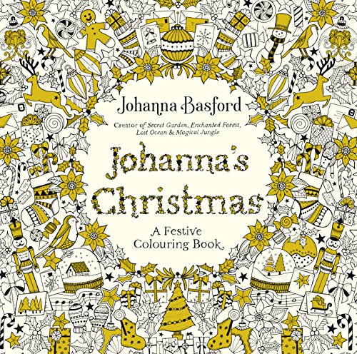 "Christmas colouring book cover with yellow and black illustrations around the title."