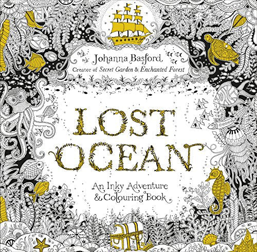 "Book cover with 'Lost Ocean' title, surrounded by intricate black and gold ocean illustrations."