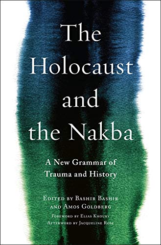 Book cover with blue and green watercolor effect, titled “The Holocaust and the Nakba.”