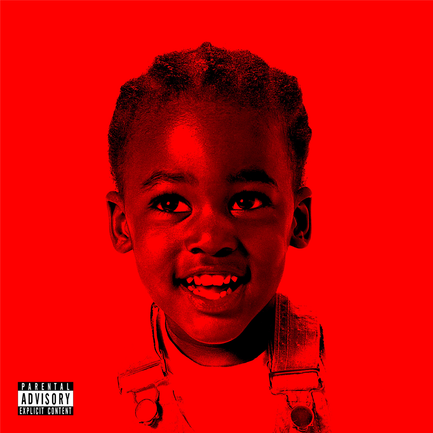 Child’s portrait with a bright red background and parental advisory label.