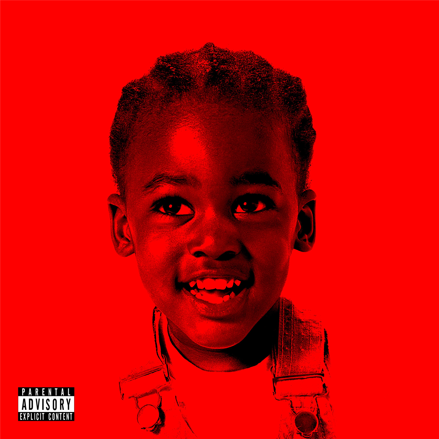 Child’s portrait with a bright red background and parental advisory label.