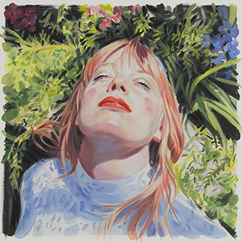 Painted portrait of a woman lying in colorful flowers, eyes closed.