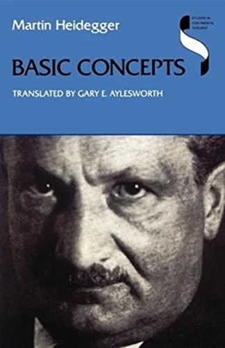 Book cover: "Basic Concepts" by Martin Heidegger with portrait.