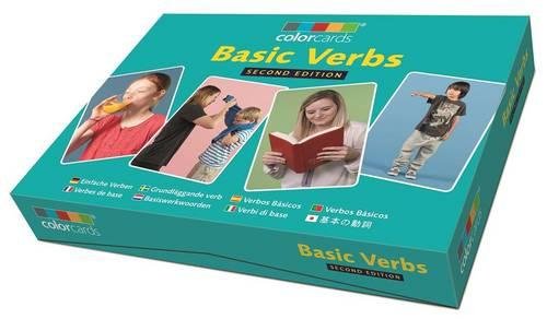 Teal box of "Basic Verbs" colorcards showing people performing actions.