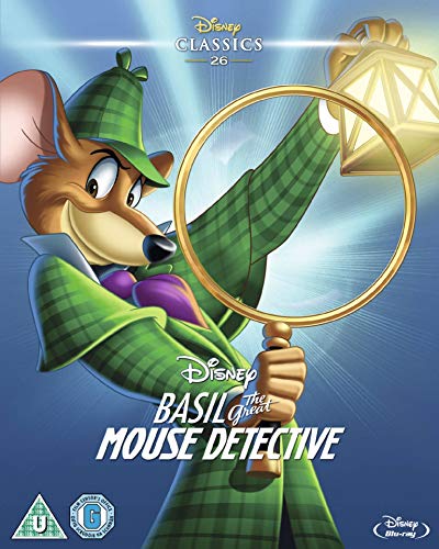 Basil the mouse detective holds a magnifying glass, Disney Classics Blu-ray.