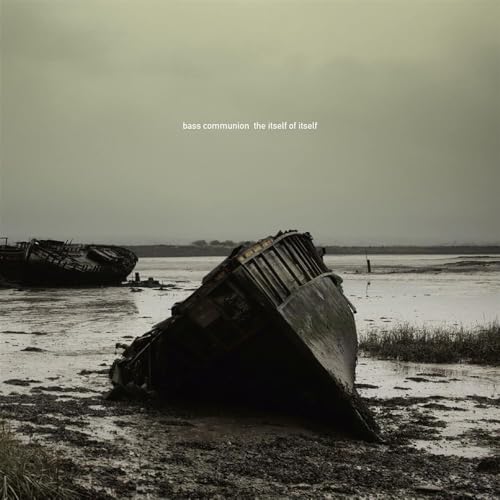 A sepia-toned image of two abandoned, wrecked boats on a muddy, overcast shoreline.