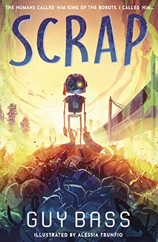 A small robot stands atop a pile of scrap metal against a hazy background.