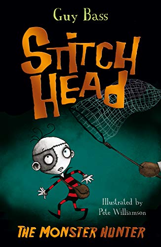 Book cover: stitched boy running from a large net, dark teal background.