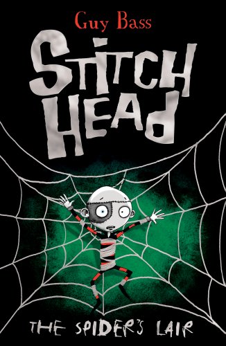 Book cover: stitched monster in a spiderweb, green and black tones.