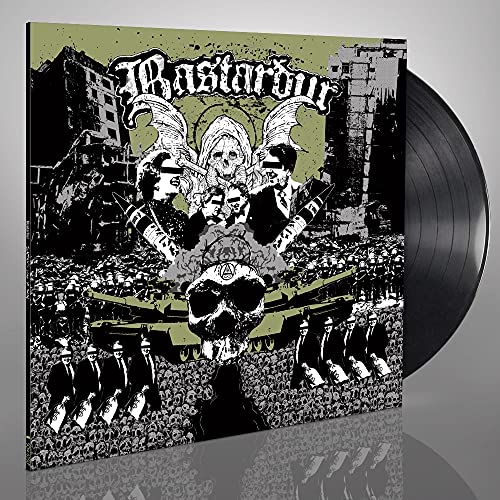 Black vinyl record with darkly illustrated album cover featuring skulls and figures.