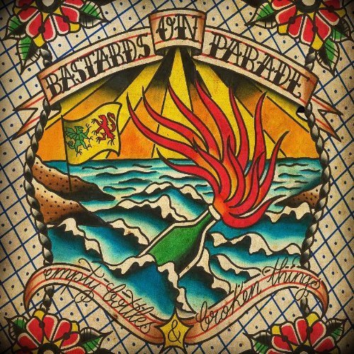 CD cover: Traditional tattoo-style art with a fiery sword and seascape.