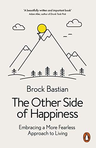 Book cover with line-art mountains, a sun, and title: "The Other Side of Happiness".