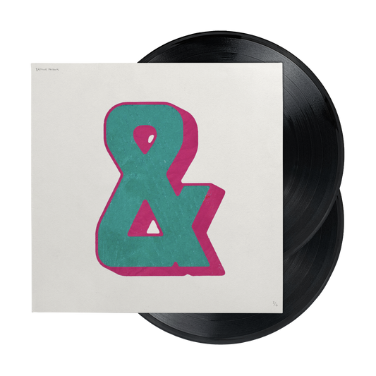 Bastille & album cover with a teal and pink ampersand, vinyl record.