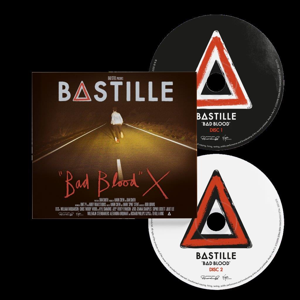 Bastille “Bad Blood X” CD with red triangle design and text.