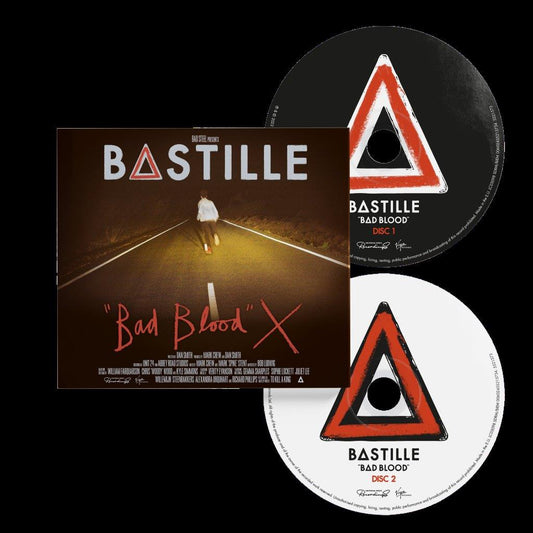 Bastille “Bad Blood X” CD with red triangle design and text.