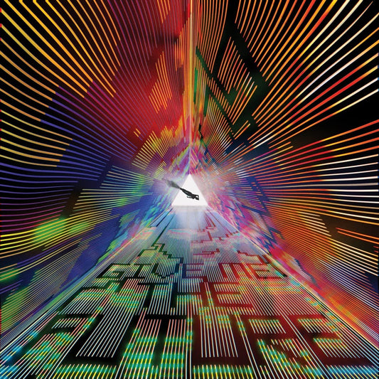 Colorful abstract album cover with a silhouetted figure in a tunnel.