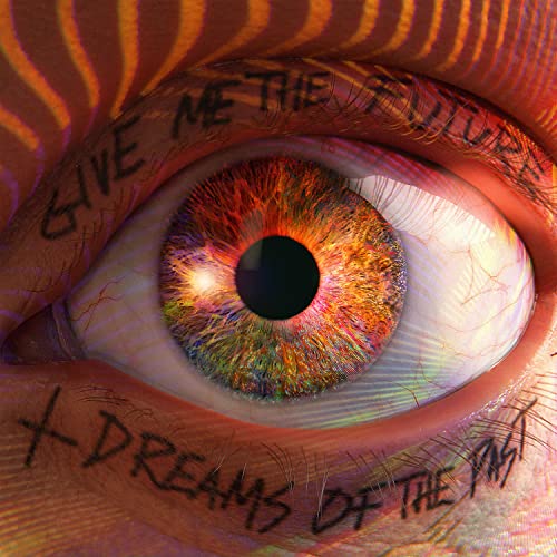 Close-up of a human eye with colorful iris and text written on the eyelids.