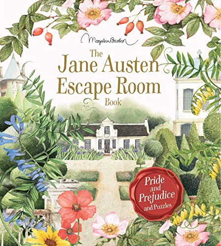 Book cover featuring a country house surrounded by watercolor flowers and a wax seal.