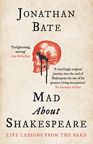 Book cover: red skull with dripping eyes, title "Mad About Shakespeare.