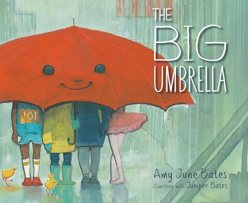 A large red umbrella with a smiling face shelters several people in the rain.