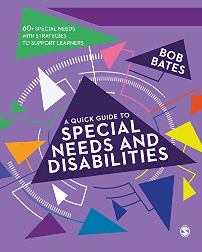Book cover with purple background, geometric shapes, and title A Quick Guide to Special Needs.