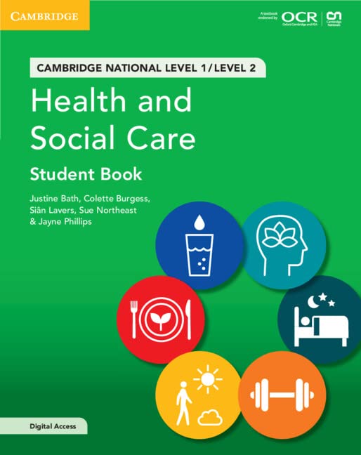 Cambridge National Health and Social Care student book cover with colorful health-related icons.