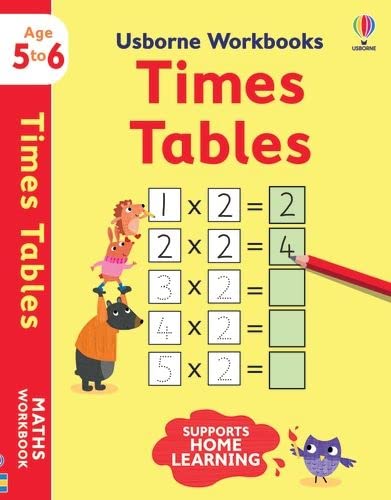 Usborne Times Tables workbook for ages 5-6 featuring animal illustrations and math practice problems.
