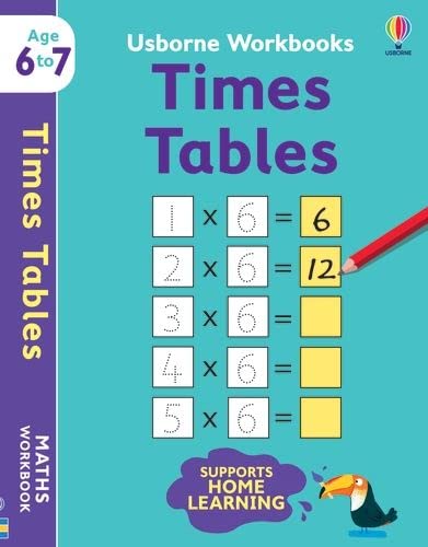Times tables workbook cover for ages 6-7, showing example calculations.
