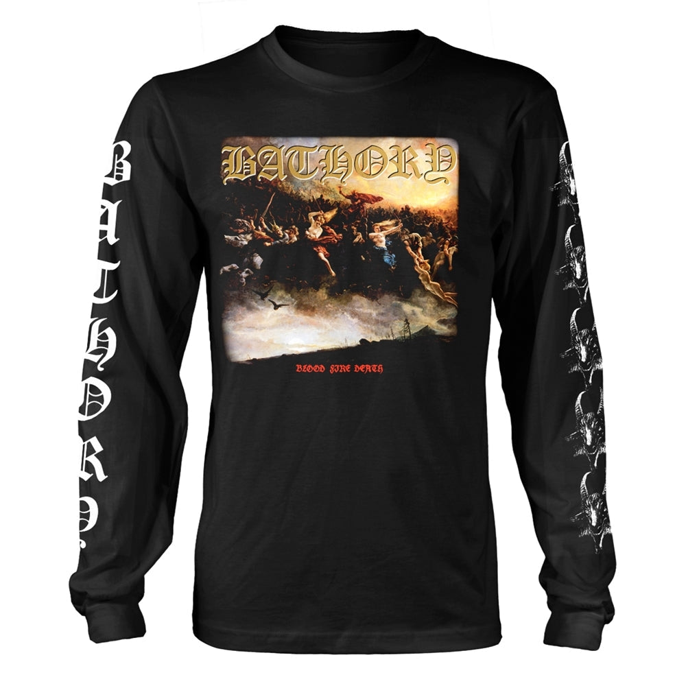Black long-sleeve shirt with "Bathory" album art depicting a fiery battle scene.