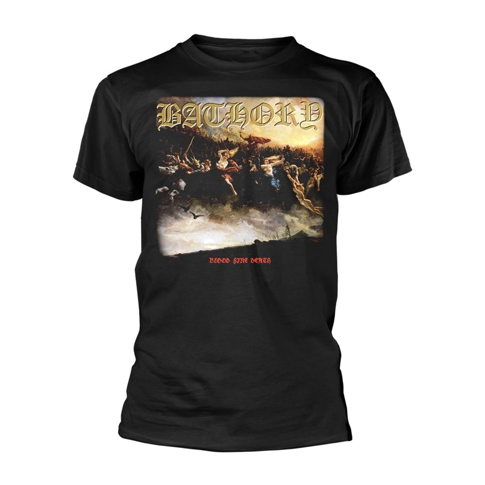 Black t-shirt with "BATHORY - BLOOD FIRE DEATH" album art print.