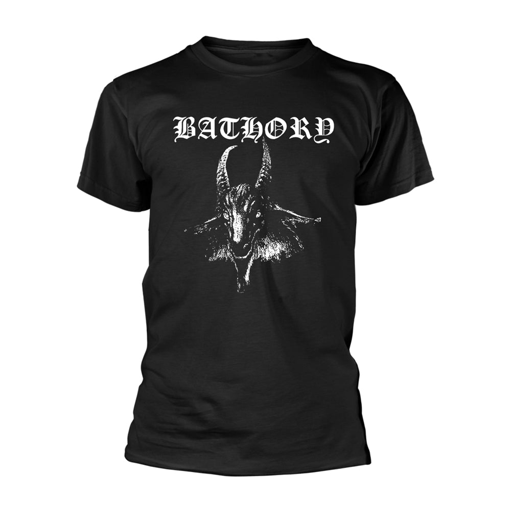 Black t-shirt with white Bathory logo and demonic goat illustration.