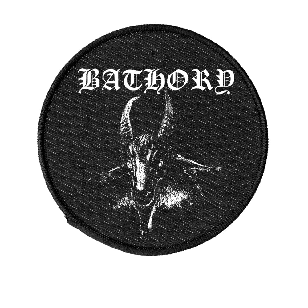 Black patch with white "BATHORY" text and a demonic goat illustration.