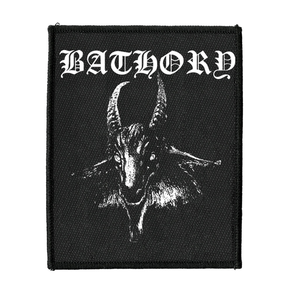 Black patch with white "BATHORY" text and a goat's head illustration.