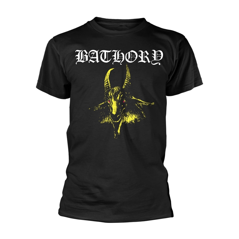 Black t-shirt with yellow graphic of a goat and "BATHORY" text.