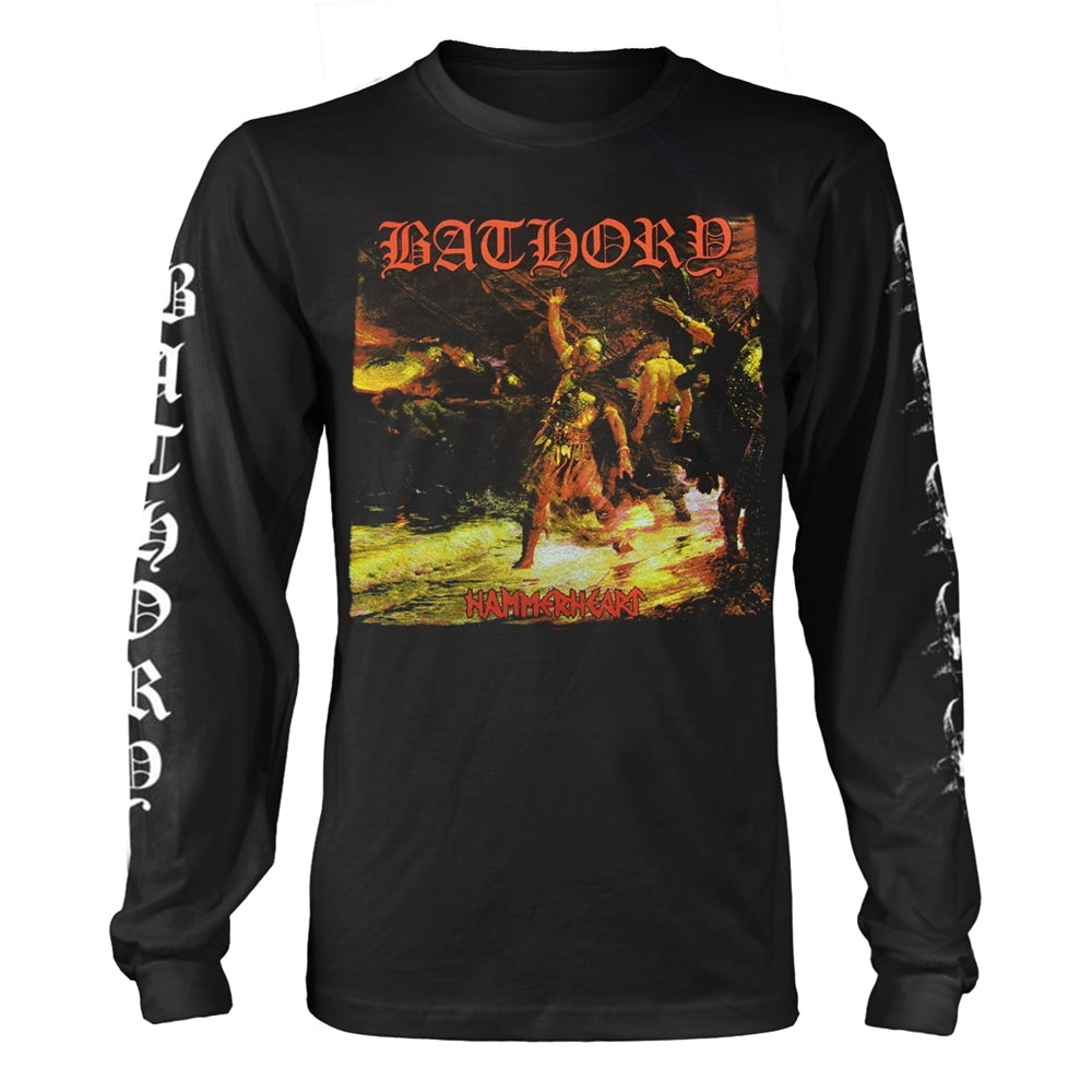 Black long-sleeve shirt with “BATHORY” and fiery artwork graphic.