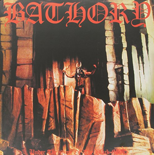 Bathory album cover: demonic figure before stone pillars, red tones.