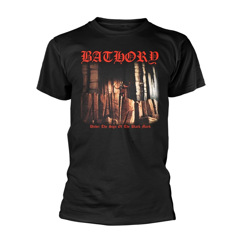 Black t-shirt with "BATHORY - UNDER THE SIGN" album artwork print.