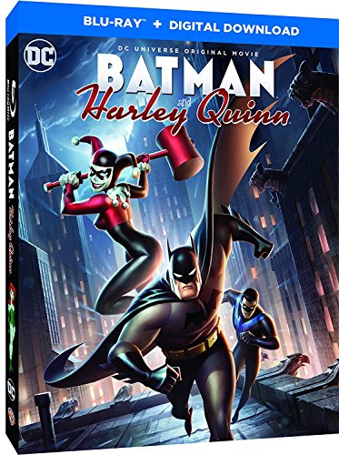 "Blue-ray disc case featuring Batman and Harley Quinn in action poses, dark cityscape background."