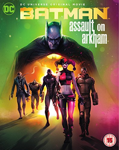 Batman stands before villains including Harley Quinn on Blu-ray cover art.