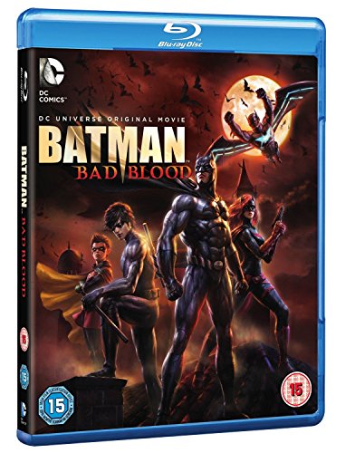 Batman: Bad Blood Blu-ray cover featuring Batman, Robin, Nightwing, and Batwoman against a moonlit sky.