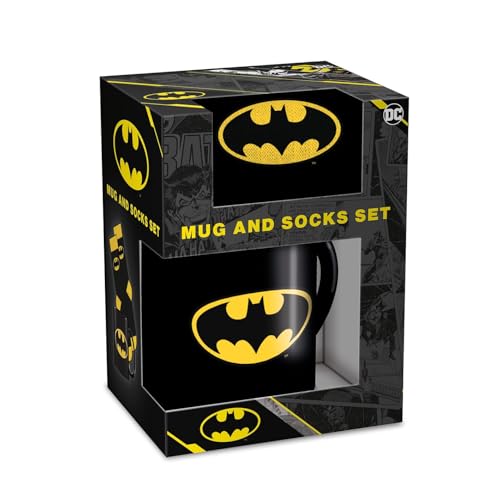 Black Batman logo mug and sock set in gift box packaging.