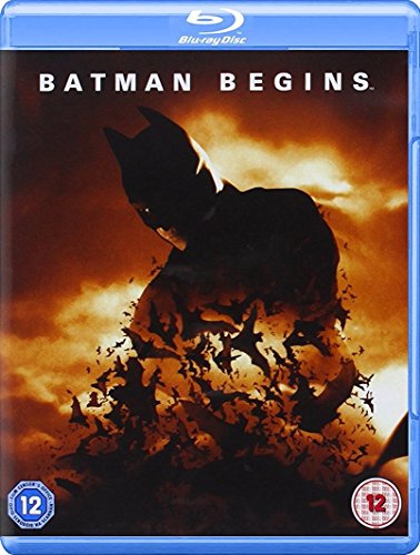 Batman Begins Blu-ray cover featuring Batman silhouette and flying bats.